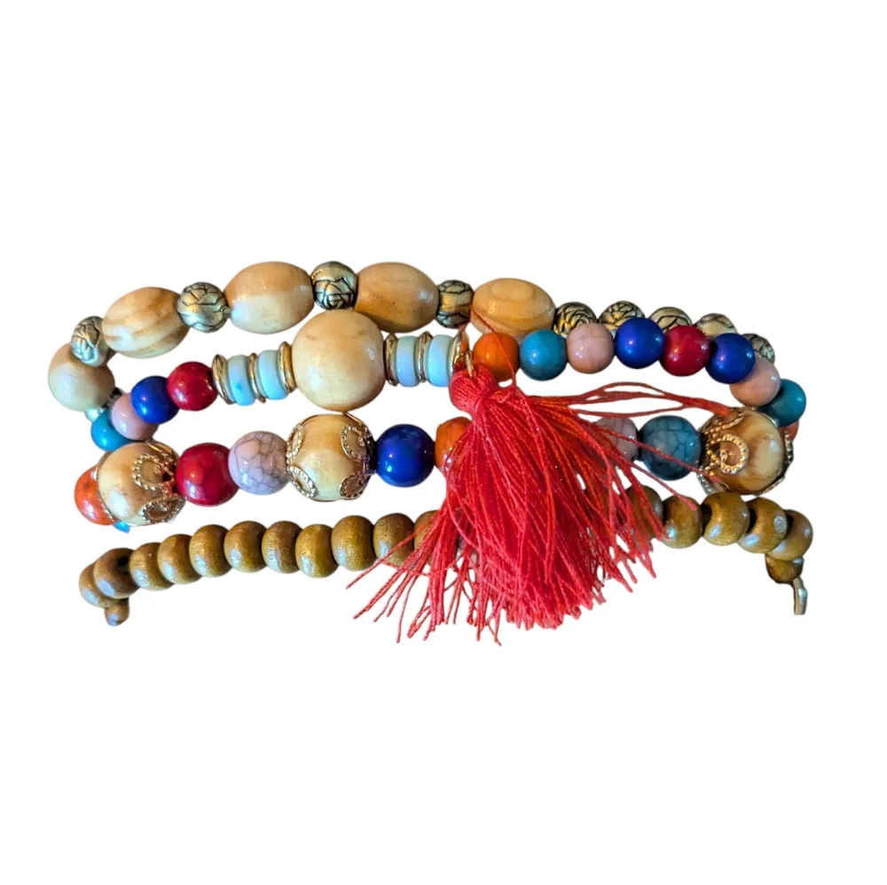 New Colorful Beaded Bracelet Set with Tree Charm And Tassell Earrings